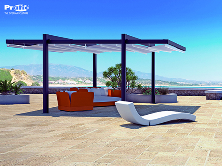 Practic pergola from Sunair Awnings awning/pergola positioned over orange and white loungers on huge deck
